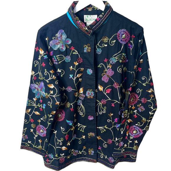 The Quacker Factory Beaded Embroidered Butterfly Floral Shirt Jacket Black Small - Picture 1 of 12